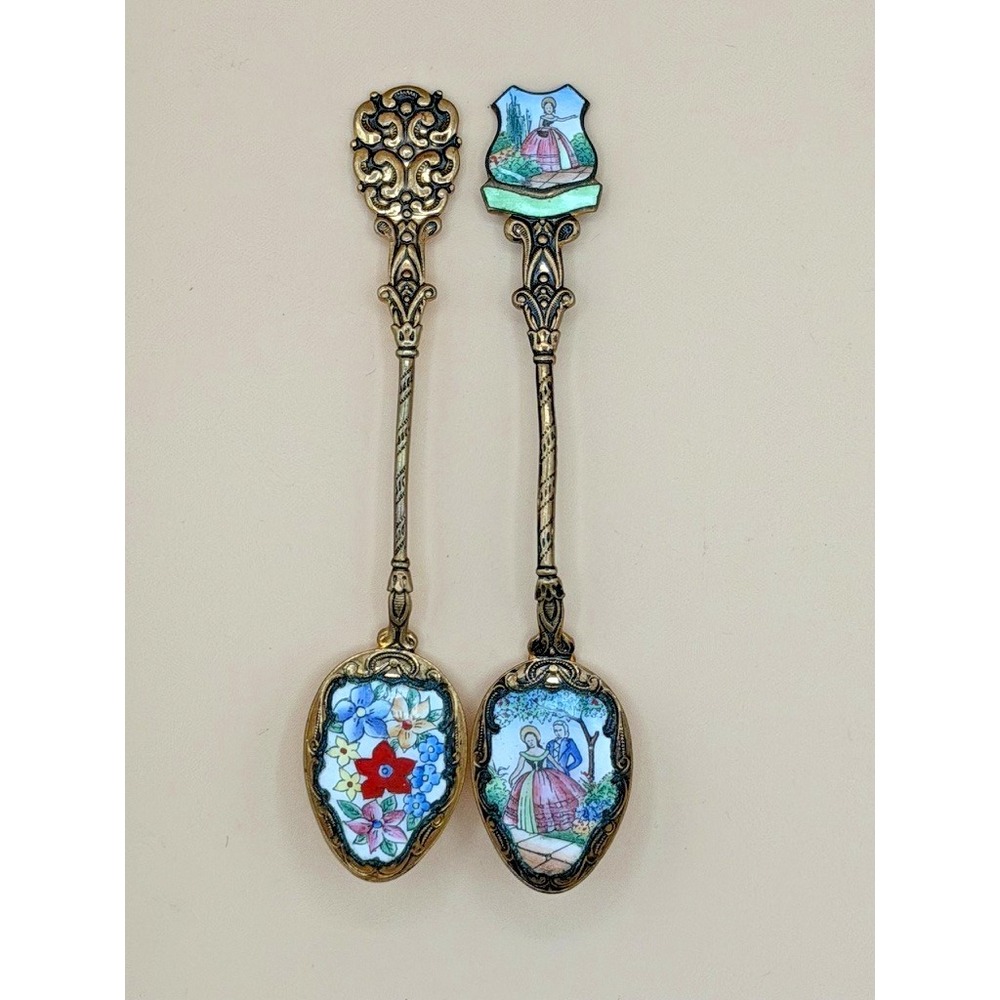Vintage Czechoslovakia Enamel Souvenir Spoon Lot Floral Victorian Couple